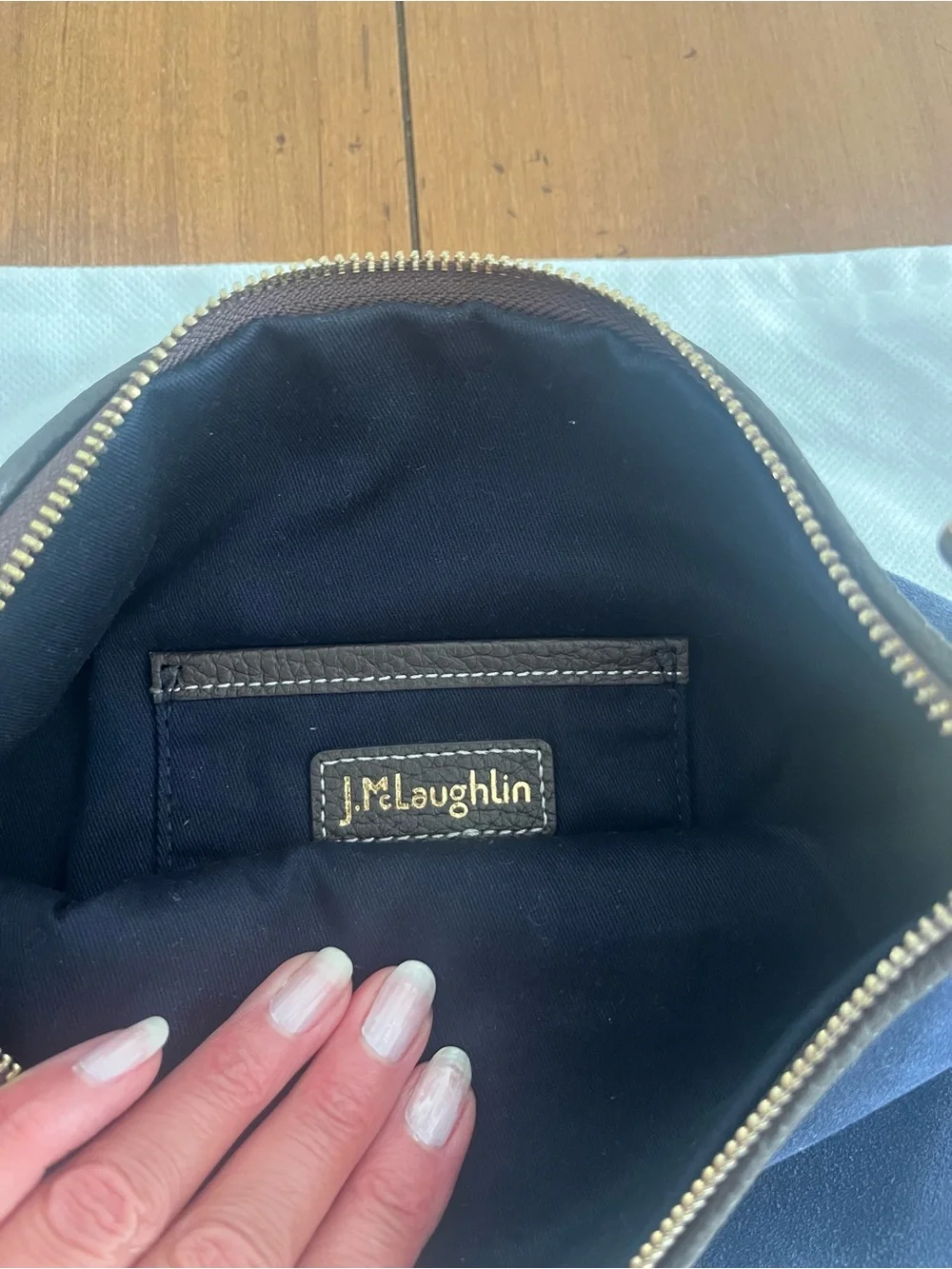 J. McLaughlin Jenna Navy Blue Suede Zip Clutch with Gold Hardware